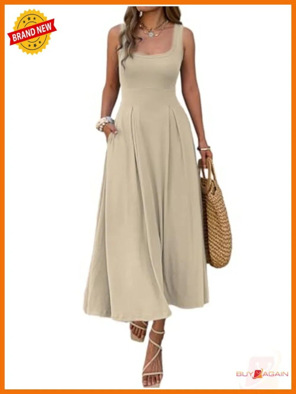 Sleeveless Maxi Dress Square Neck A-Line Pleated Flowy with Pockets